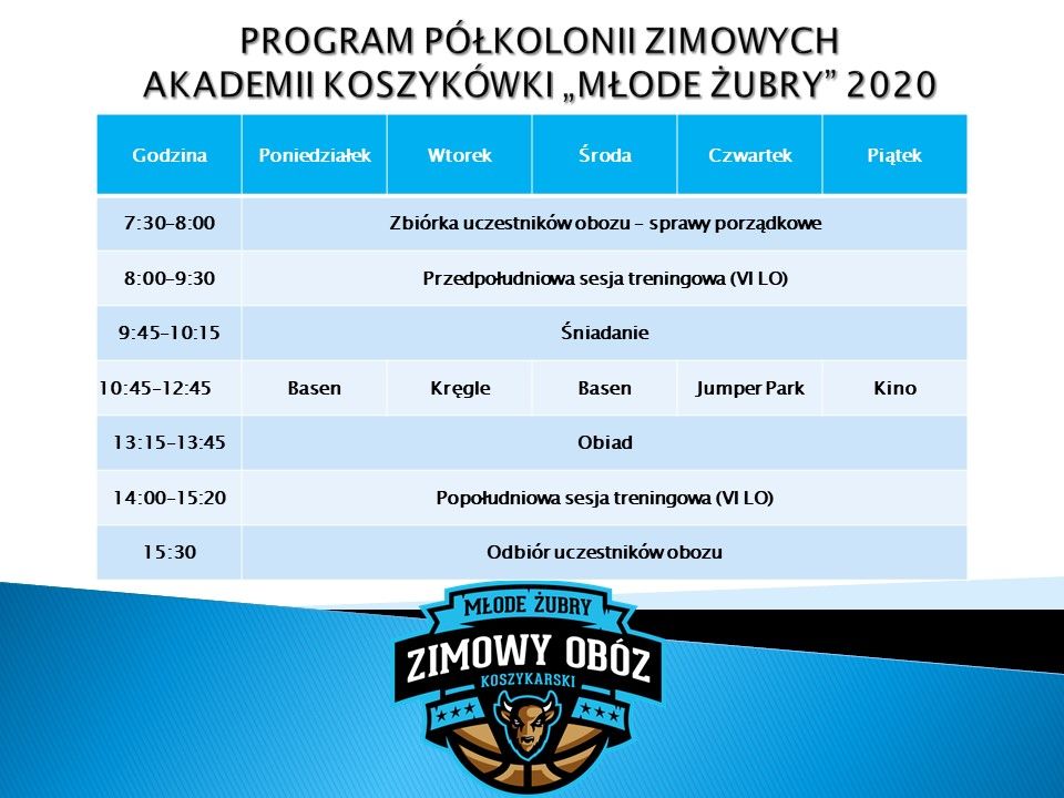 Harmonogram Półkolonii Zimowych AK MŁODE ŻUBRY BIAŁYSTOK 2020